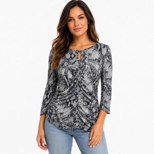 New York & Company Top M Grey Snakeskin Ruched Front Keyhole 3/4 Sleeve Y2K